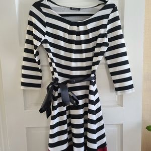 French-Style Striped Dress with Tie at Waist